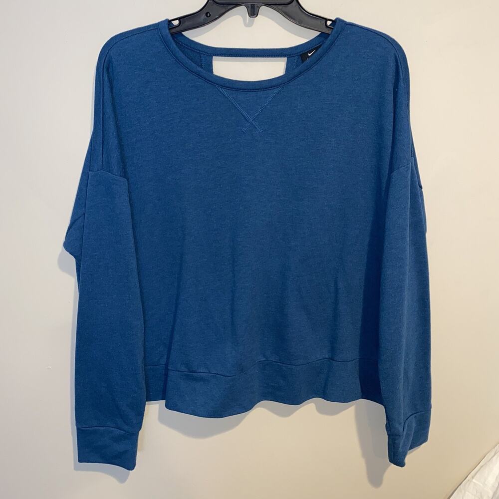 NIKE DRI-FIT Womens Blue Cropped Pullover Sweatshirt Cut Out Slit Back Sz XL